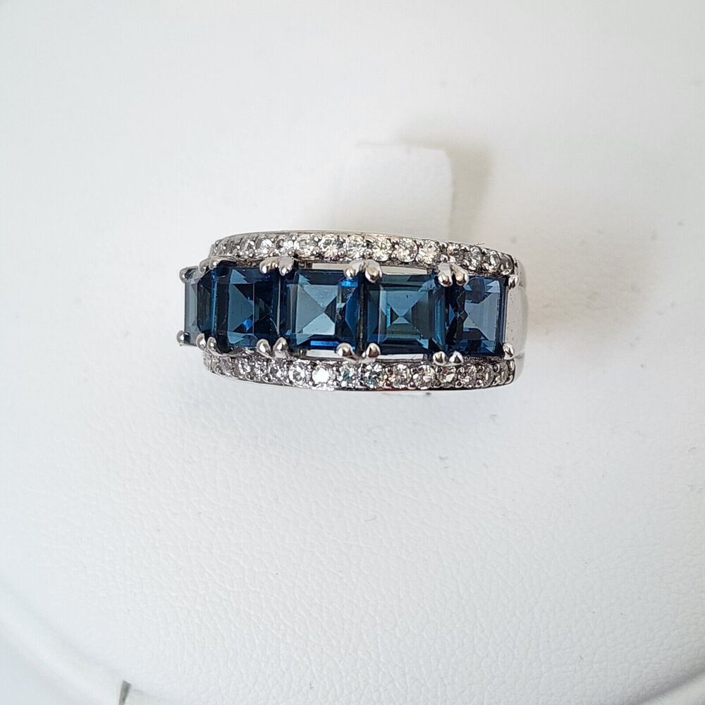 D'JOY 925 Sterling Silver Ring Blue Gem Stone CZ Designer Cocktail  size 7 Vtg